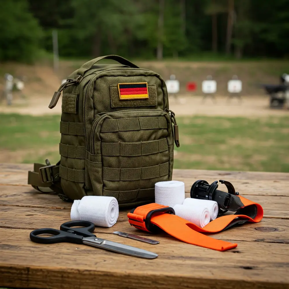 Erstellt mit KI-Bildgenerator von Dall-E KI Foto mit Ersthelfer-Rucksack auf einem Schießstand